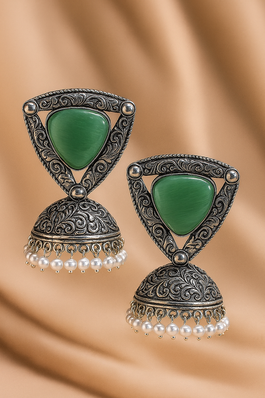 Antique Silver Green Stone Jhumka Earrings with Pearls