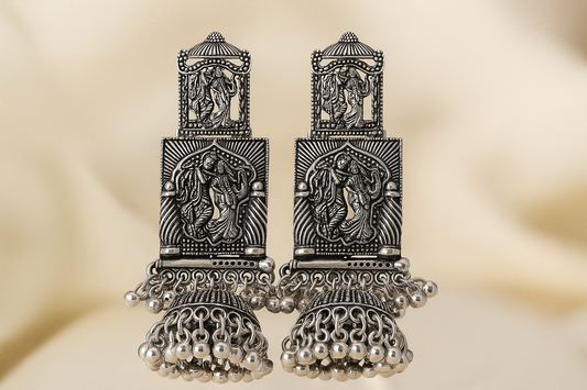 Antique Silver Radha-Krishna Engraved Jhumka Earrings