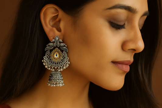 Antique  Silver & Gold-Tone Floral Jhumka Earrings