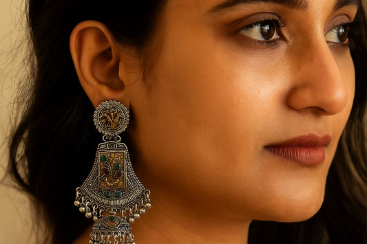 Antique  Silver Temple Jhumka Earrings with Colorful Stones