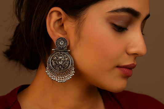 Antique  Silver Round Jhumka Earrings with Golden Detailing