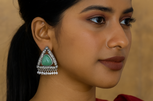 Antique Silver Green Stone Jhumka Earrings with Pearls