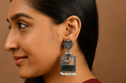 Antique Silver Bird Motif Earrings with Pearls